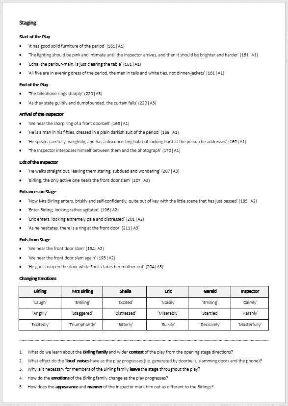 One-Pager on Staging in An Inspector Calls | KS4 Teaching Resource